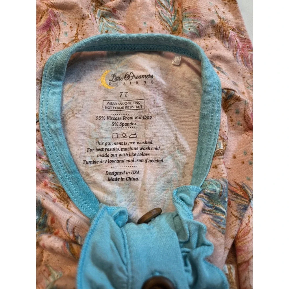 Little Dreamers Designs Kids 7T Pink Blue Feather Bamboo Henley Pajama Top